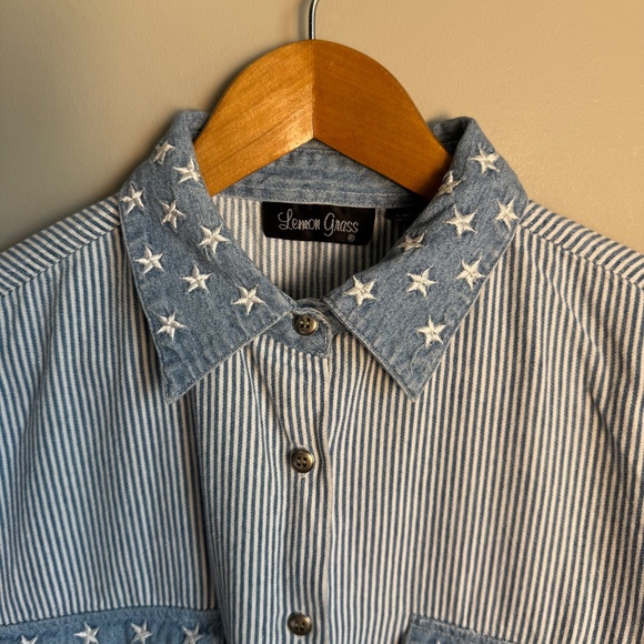 Vintage Lemon Grass Womens Striped Denim‎ Button Up Shirt Blue/White Large Train - Picture 6 of 15